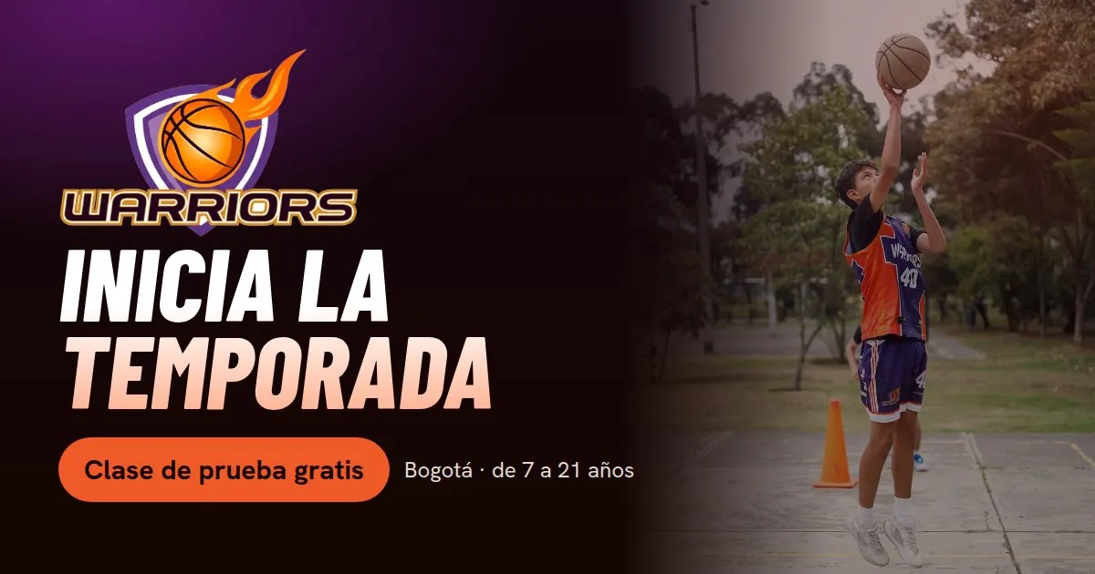 Portada de la web nueva de Escuela Warriors: el logo, el título «Inicia la temporada» y un jugador lanzando al aro